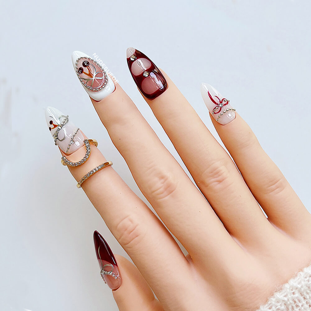 Red Knot Medium Almond Press On Nails With Beads