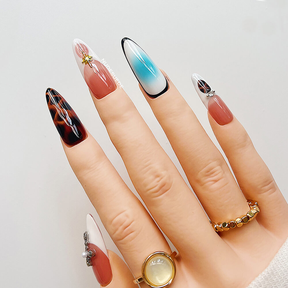 Turquoise Leopard Long Almond Press On Nails
