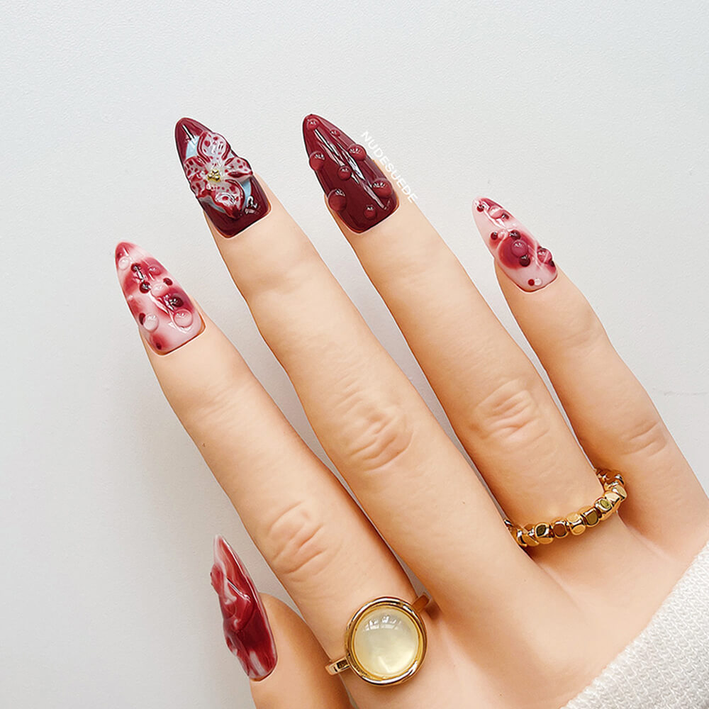 Burgundy Blossom Medium Almond Press On Manicure Nails