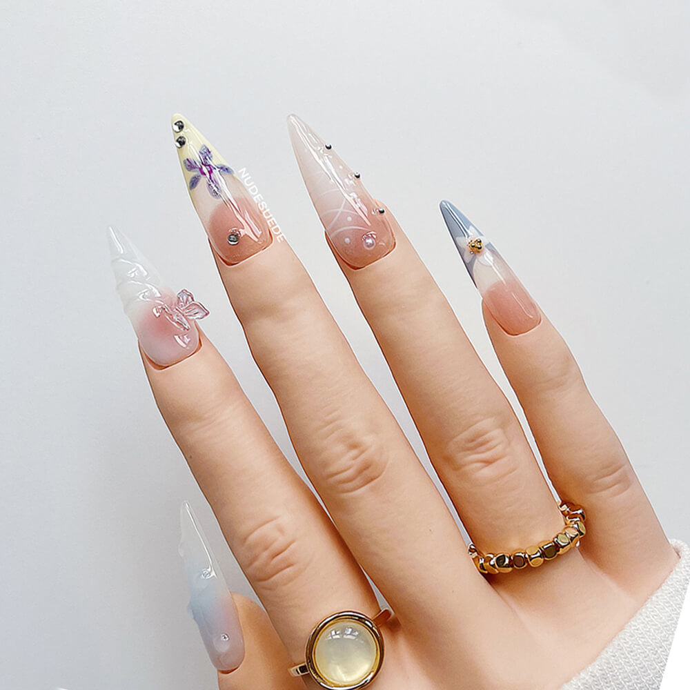 Flowers Long Stiletto Press On Manicure Nails