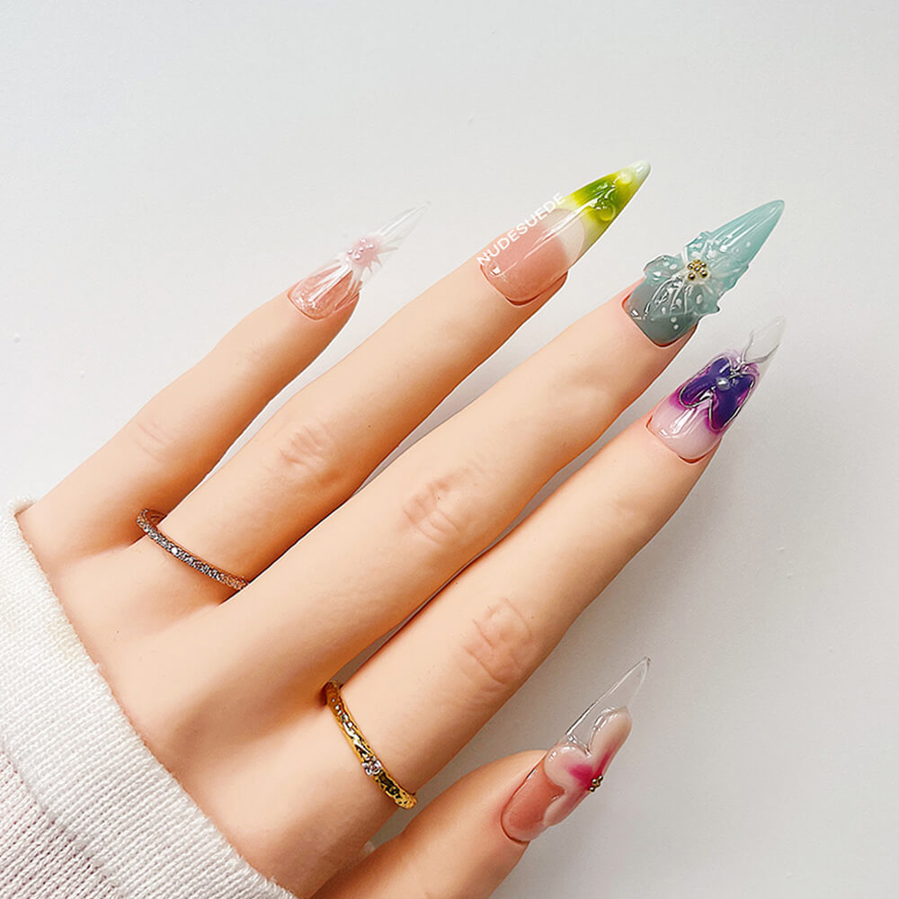 Flowers Long Stiletto Press On Manicure Nails