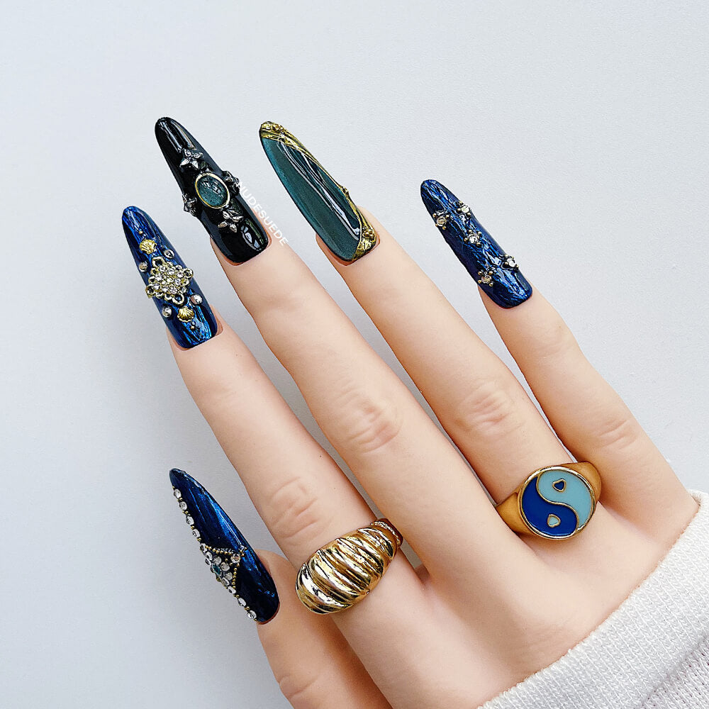Blue Palace X-Long Almond Press On Manicure Nails With Rhinestones