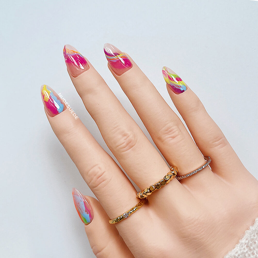 Colorful Painting Short Almond Press On Manicure Nails