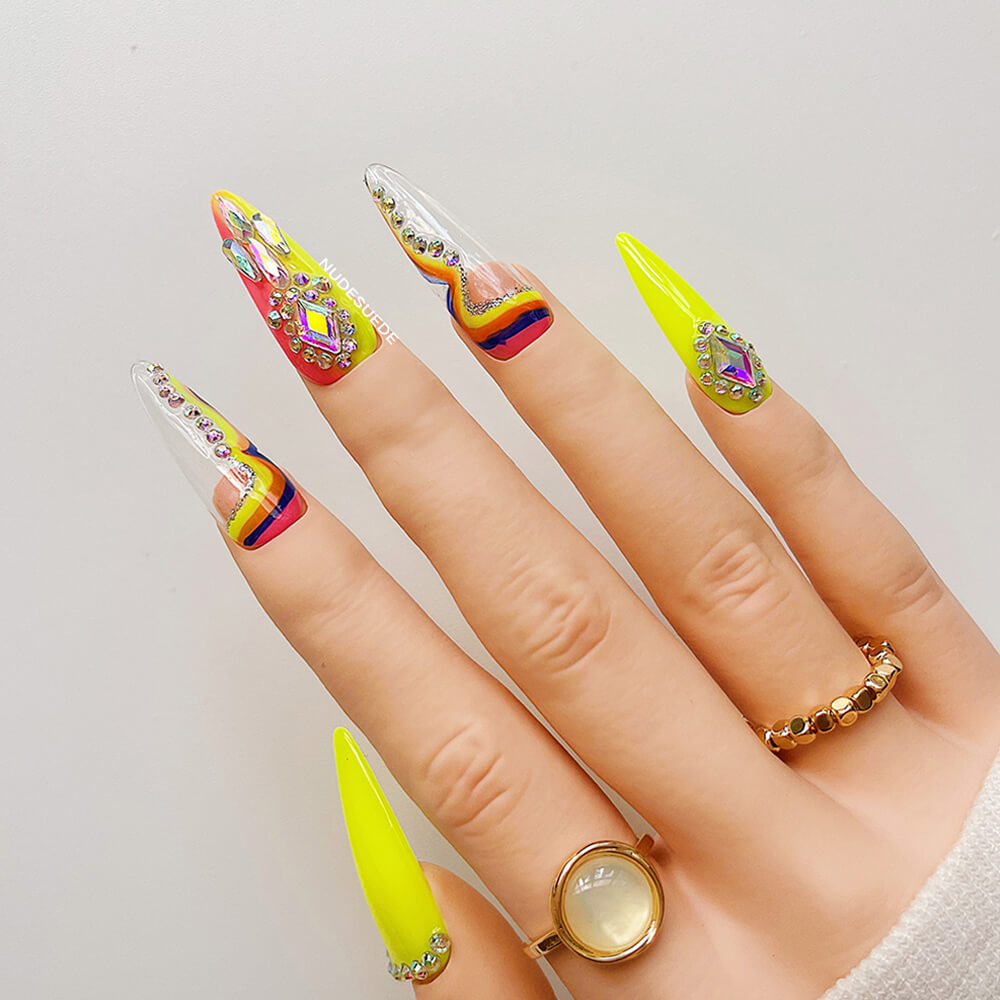 Neon Long Stiletto Press On Manicure Nails With Rhinestones