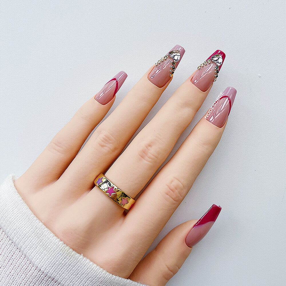 Heart French Medium Coffin Press On Manicure Nails