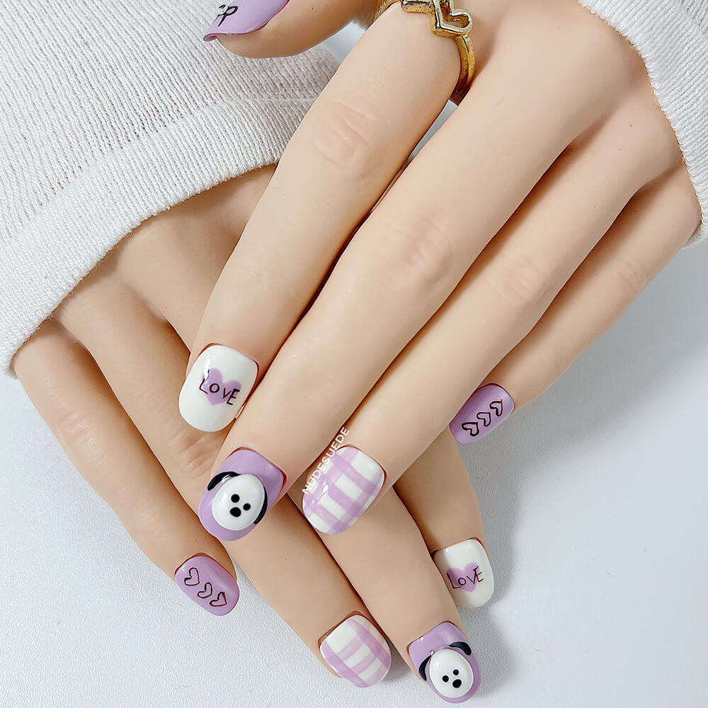 Lilac Knot Heart Puppy Short Square Press On Manicure Nails