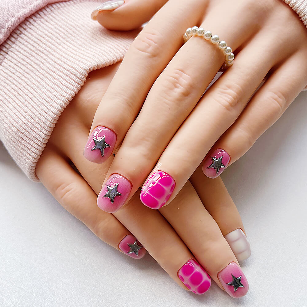 Pink Star Short Square Press On Manicure Nails
