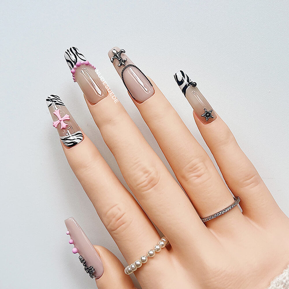 Zebra Chrome Long Coffin Press On Manicure Nails