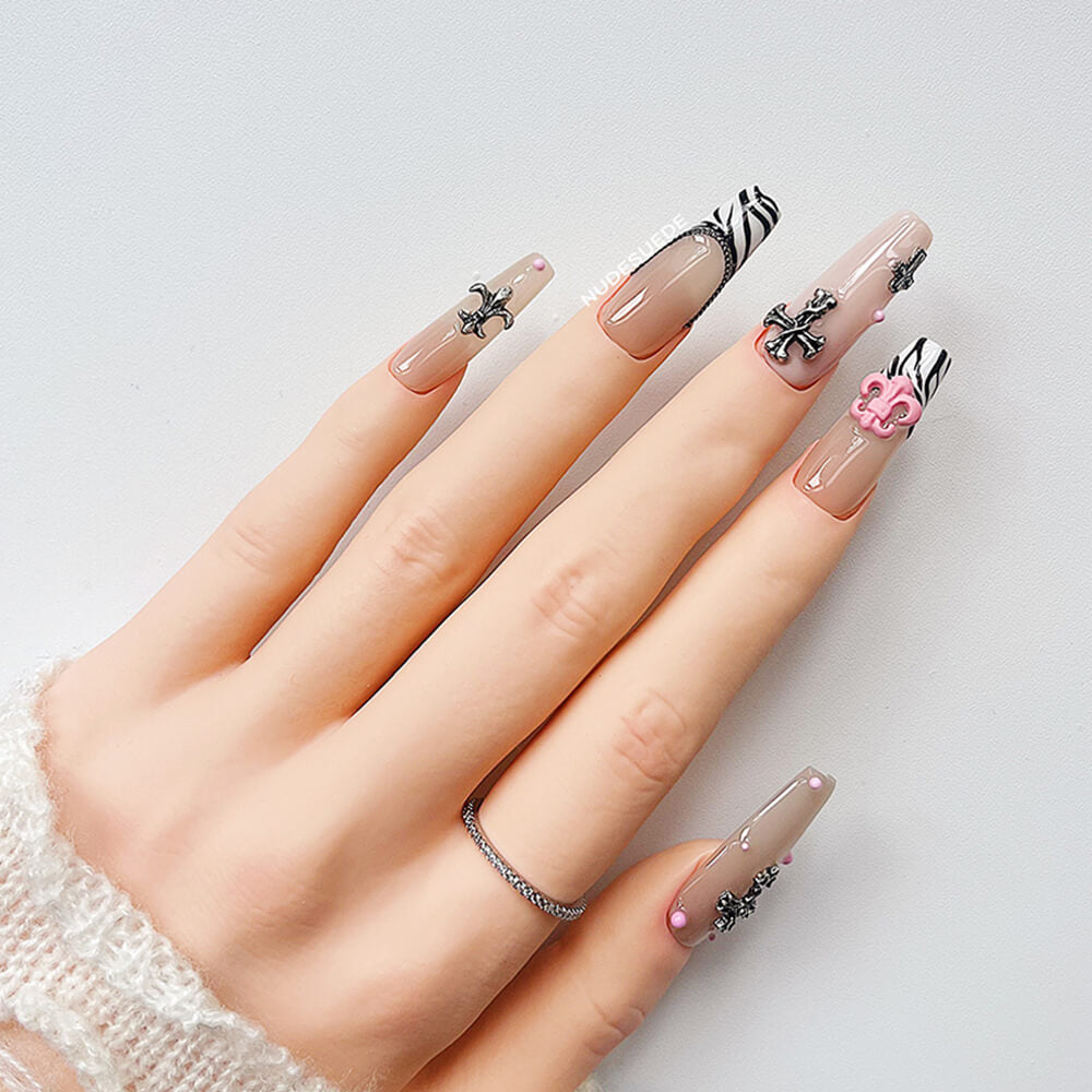 Zebra Chrome Long Coffin Press On Manicure Nails