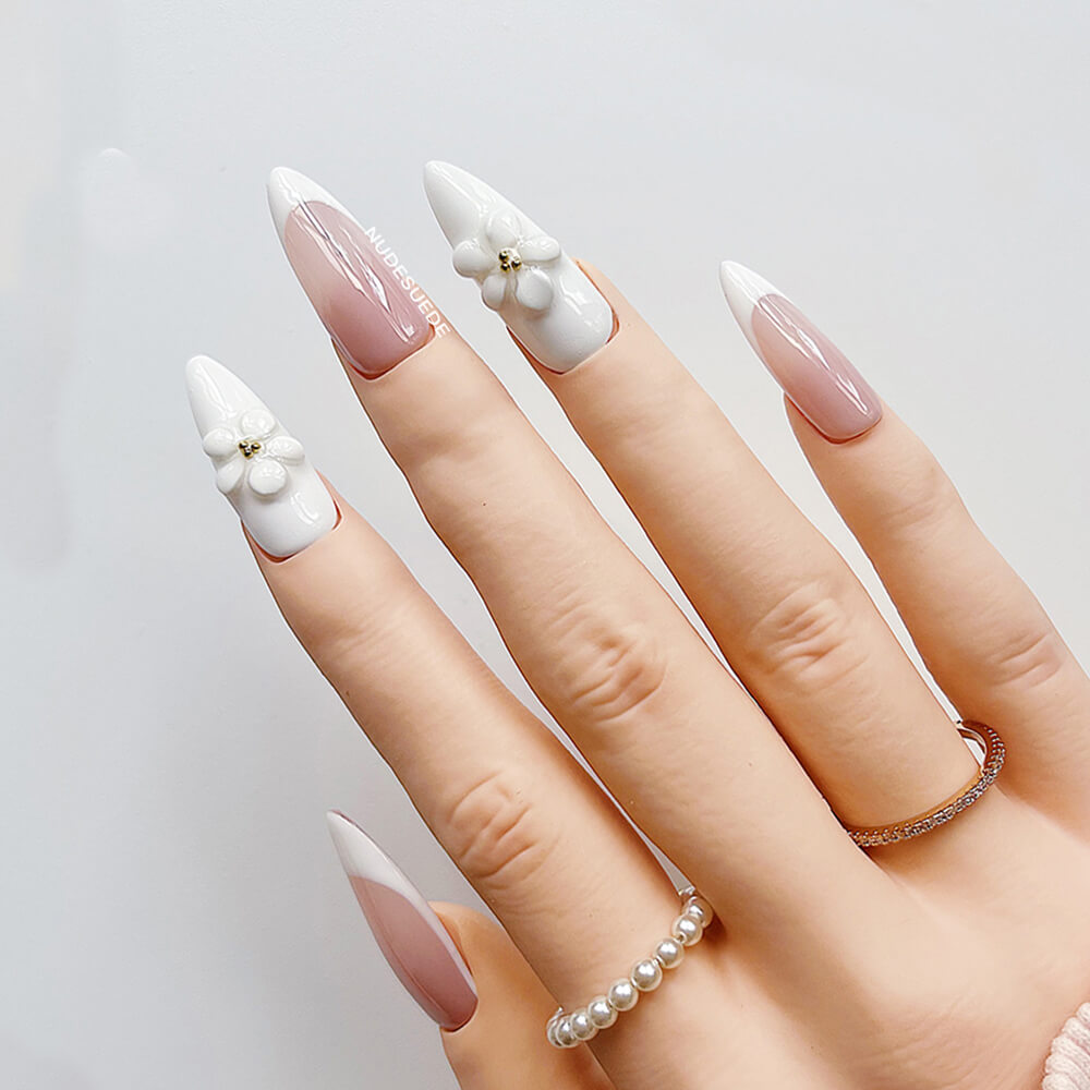 White Daisy French Long Almond Press On Manicure Nails
