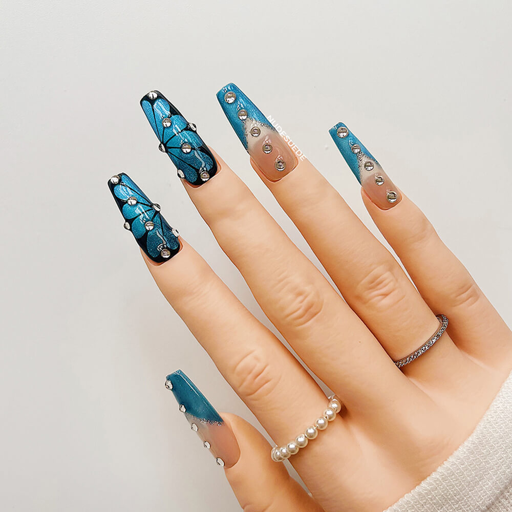 Blue Butterfly Long Coffin Press On Manicure Nails With Rhinestones