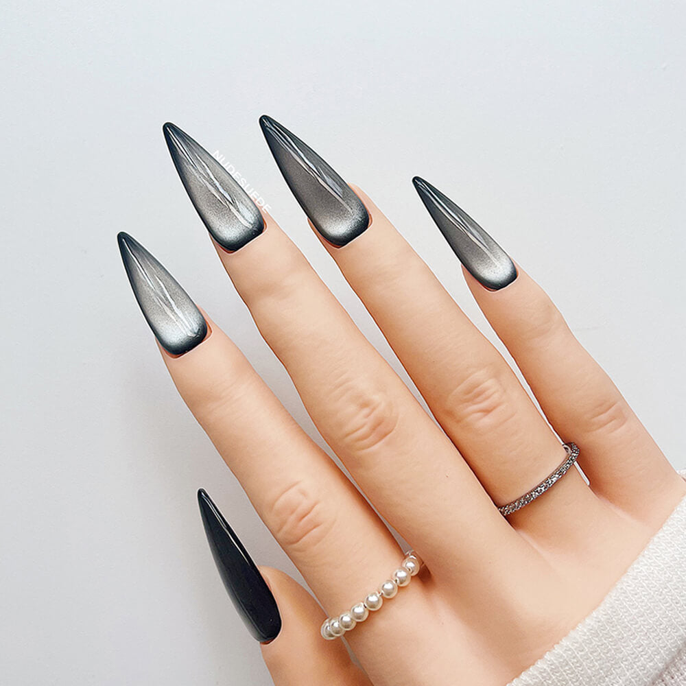 Grey Ombre Cateye Long Stiletto Press On Manicure Nails
