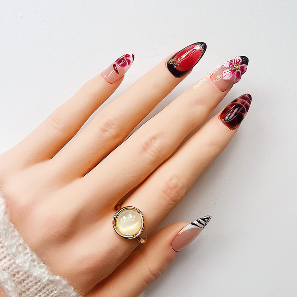 Animal Floral Medium Almond Press On Manicure Nails