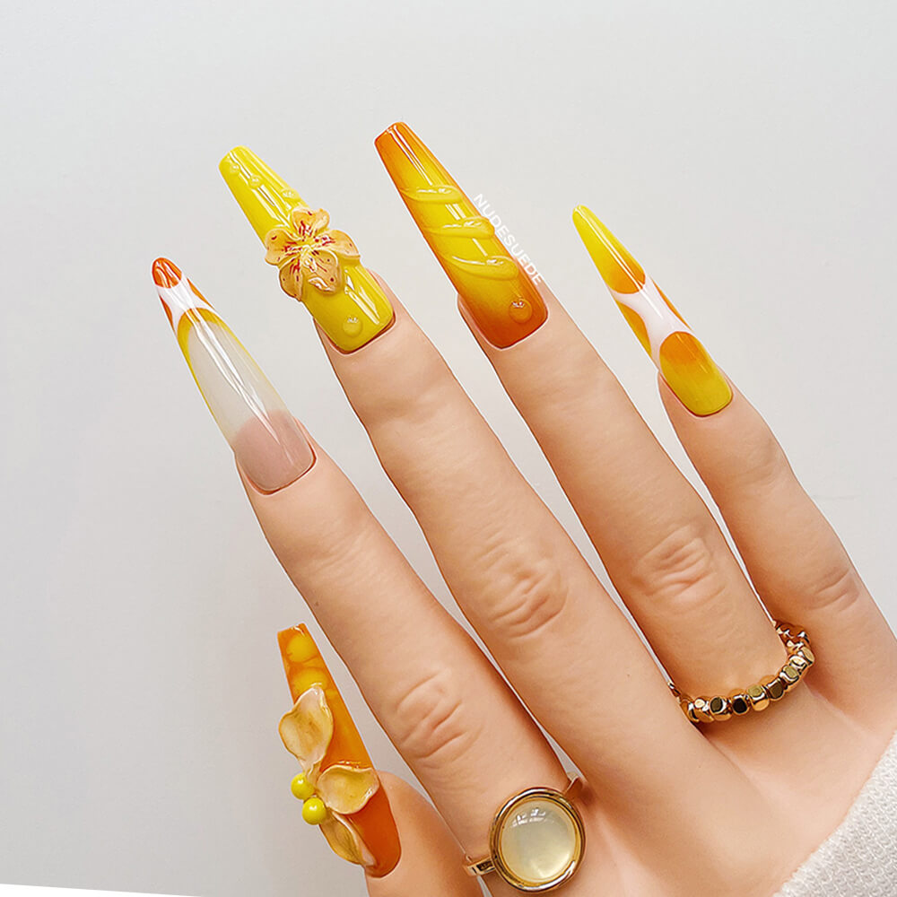 Orange Blossom X-Long Coffin Press On Manicure Nails With Rhinestones