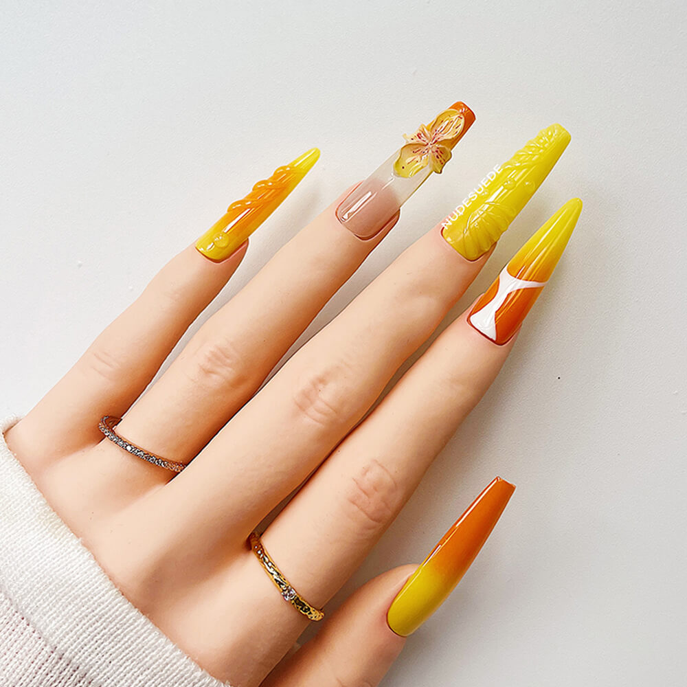 Orange Blossom X-Long Coffin Press On Manicure Nails With Rhinestones