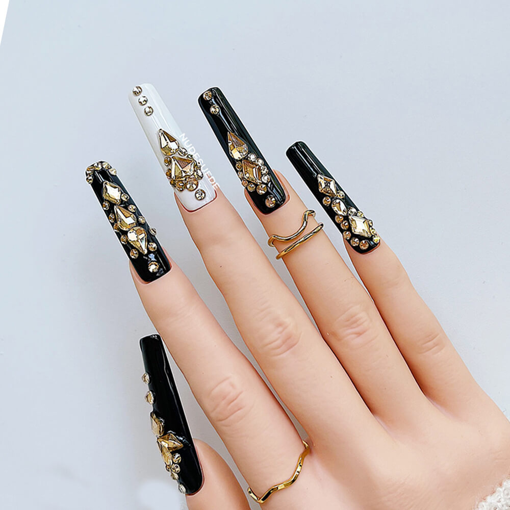 Rhinestone-Embellished X-Long Square Press On Manicure Nails