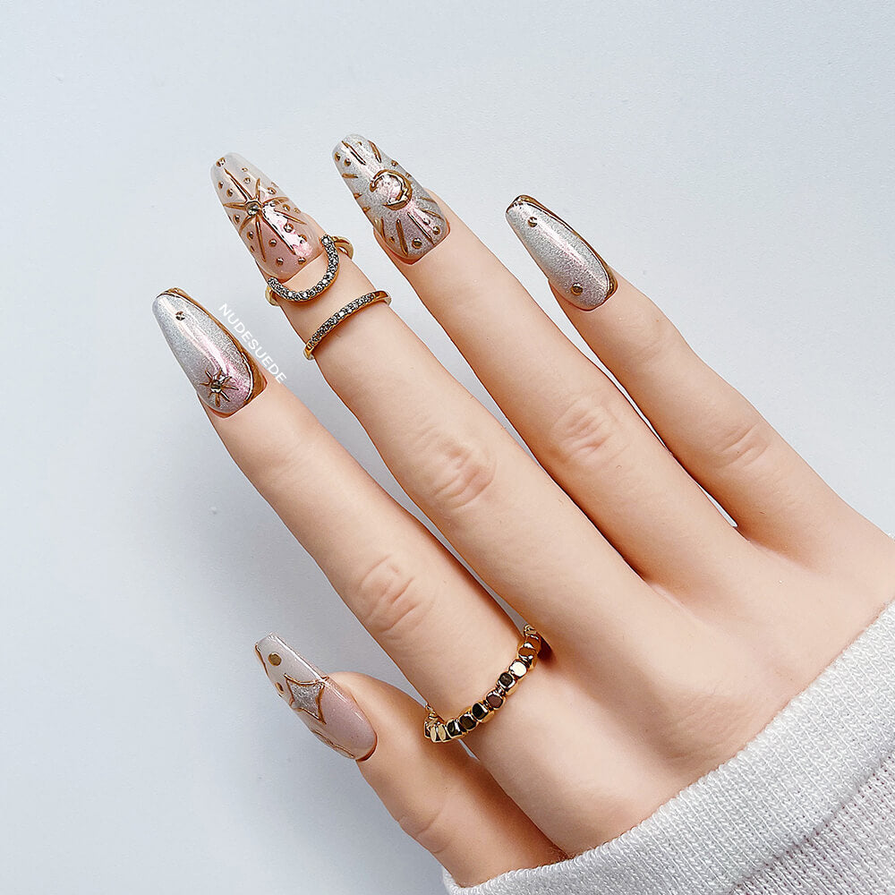 Star-Moon-Sun Medium Coffin Press On Fake Nails