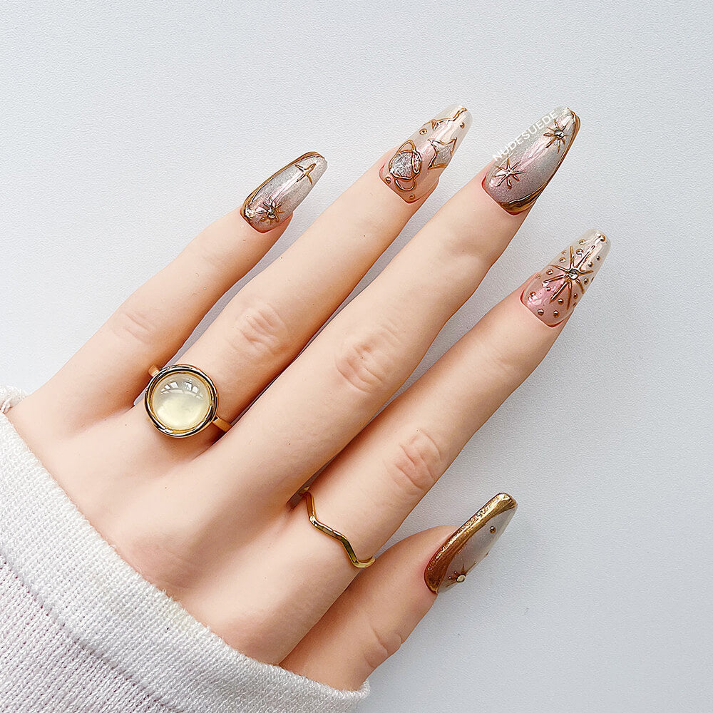 Star-Moon-Sun Medium Coffin Press On Fake Nails
