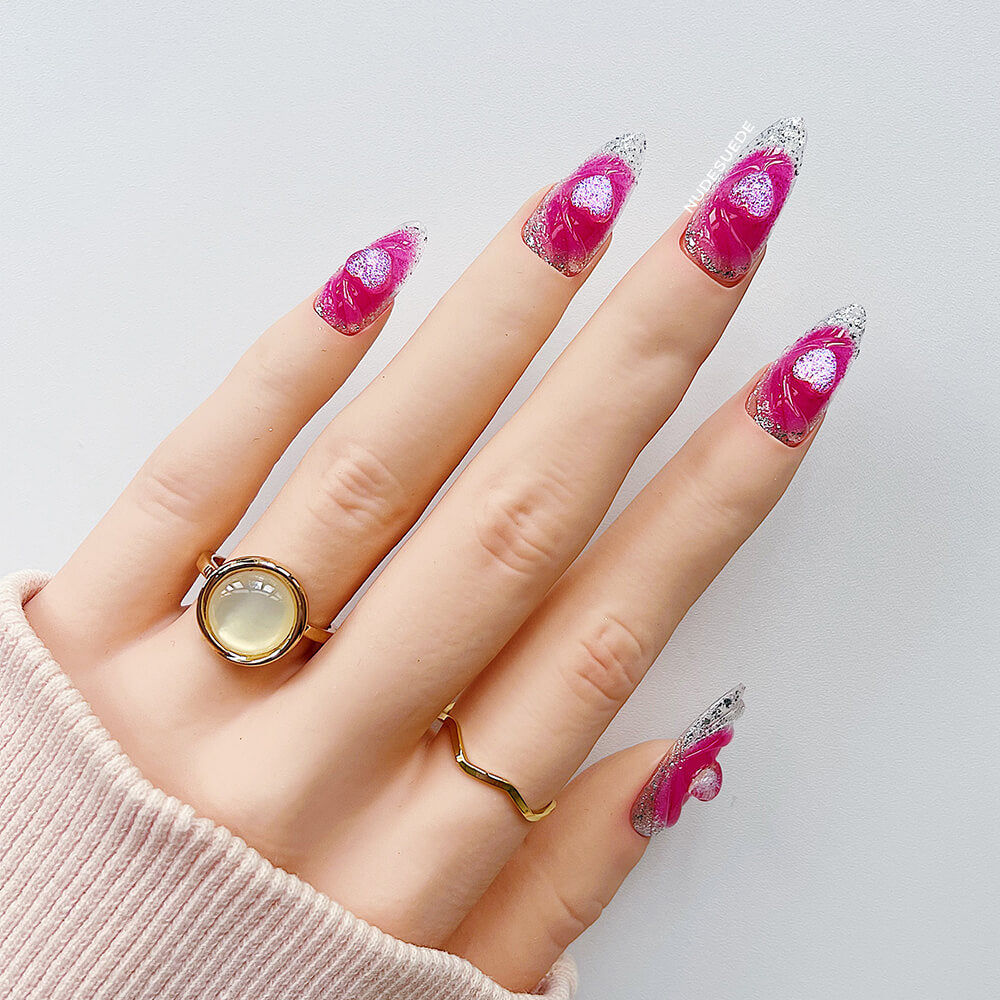 Hot Pink Heart Medium Almond Press On Fake Nails