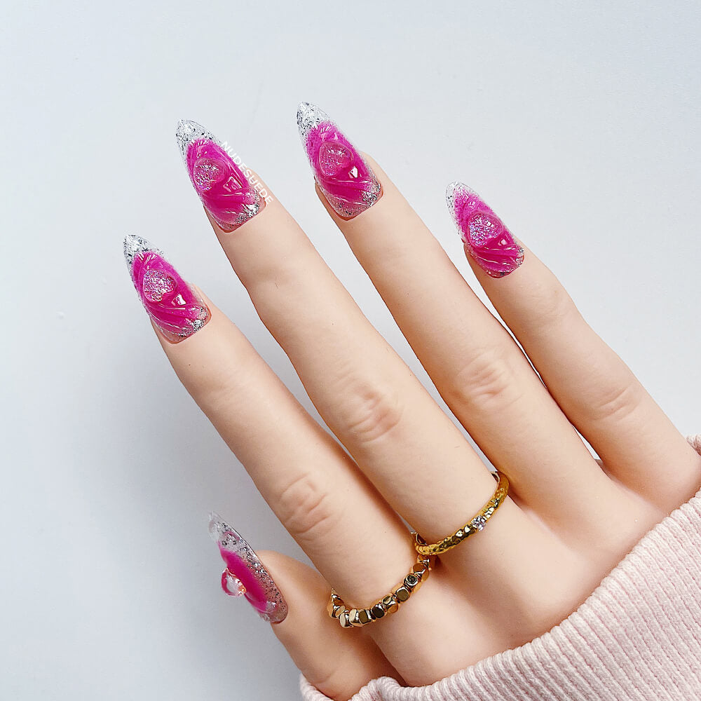 Hot Pink Heart Medium Almond Press On Fake Nails