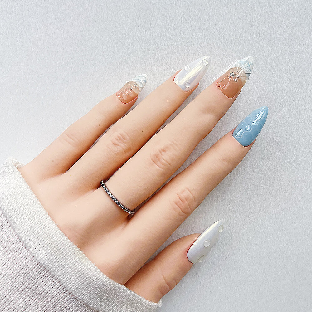 Blue Ocean Medium Almond Press On Fake Nails