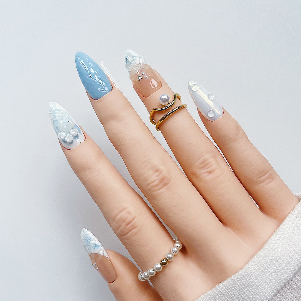Blue Ocean Medium Almond Press On Fake Nails