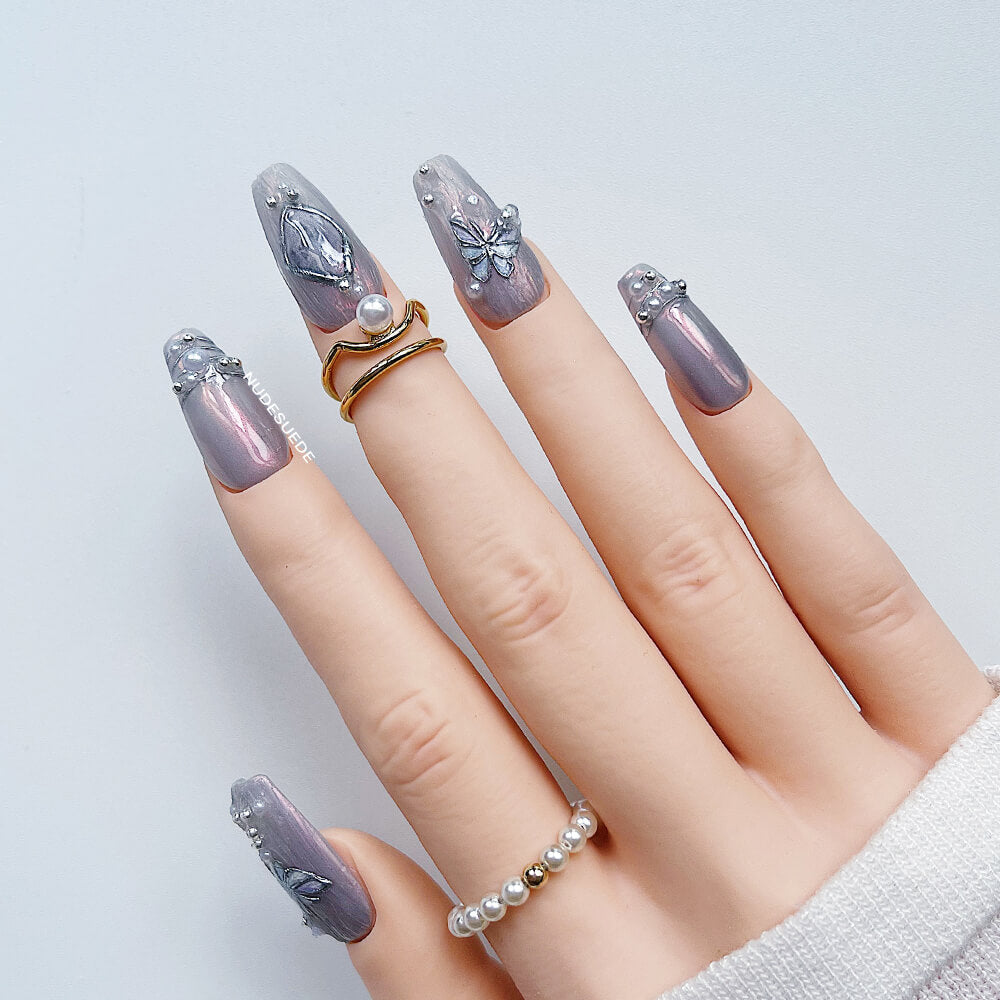 Lilac Butterfly Medium Coffin Press On Fake Nails