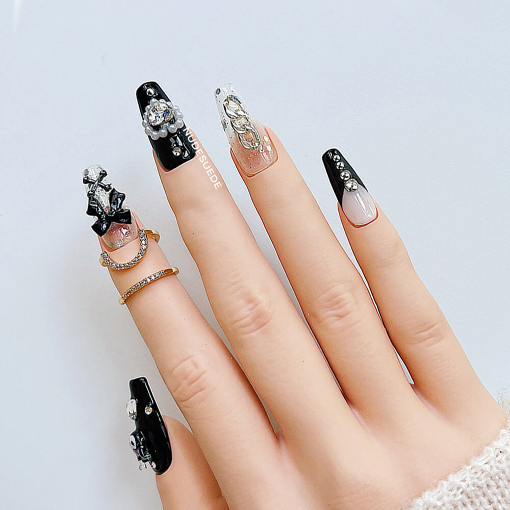 Kuromi Medium Coffin Press On Manicure Nails With Rhinestones