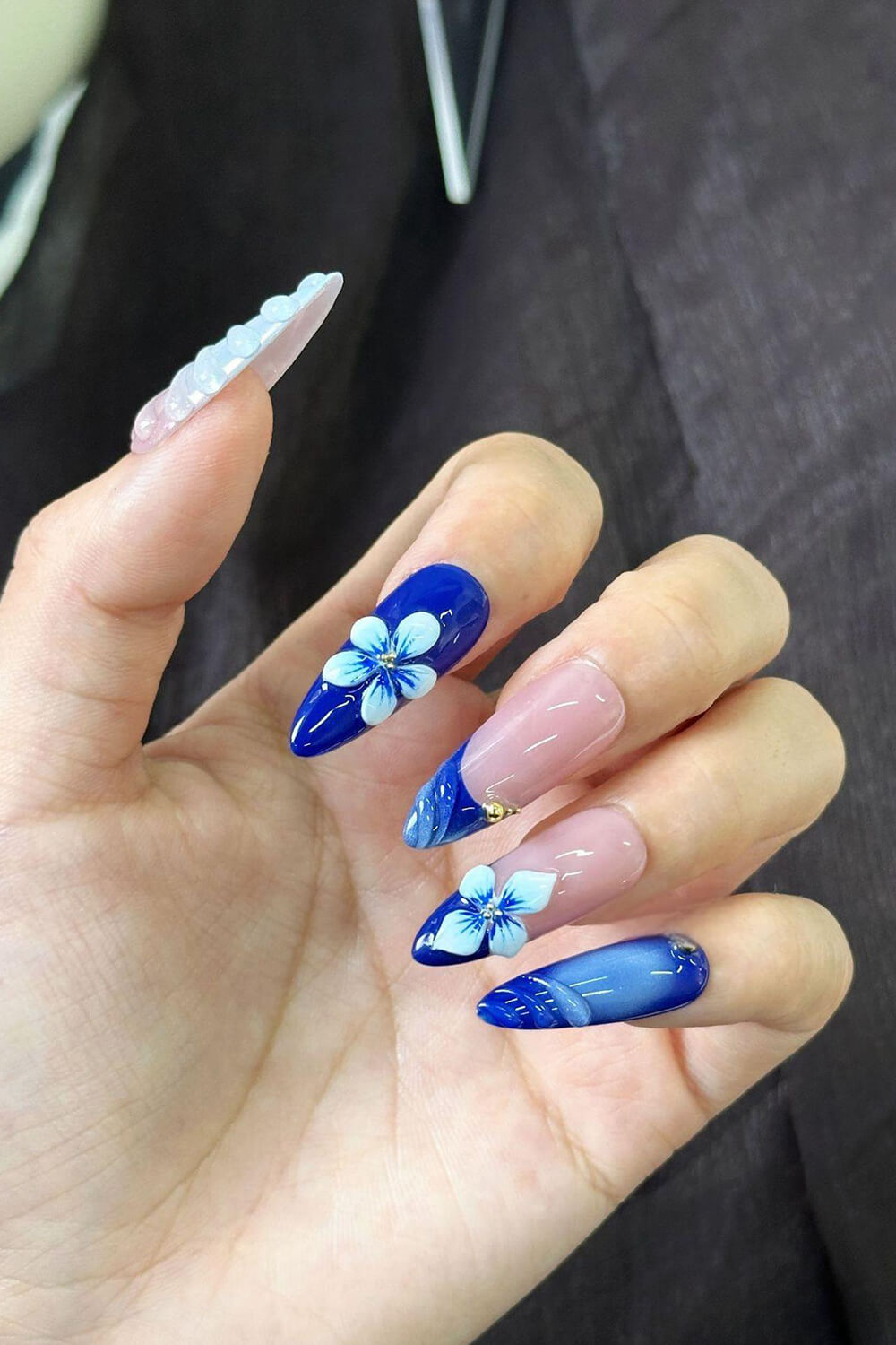 Blue Floral Medium Almond Press On Fake Nails