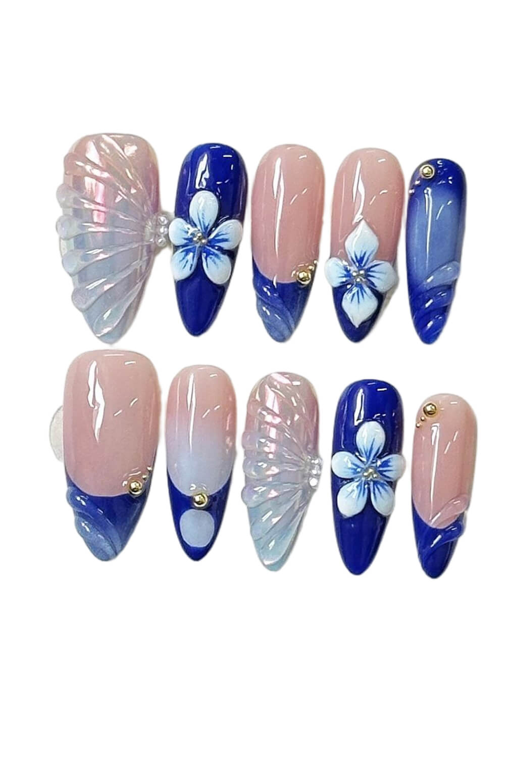 Blue Floral Medium Almond Press On Fake Nails