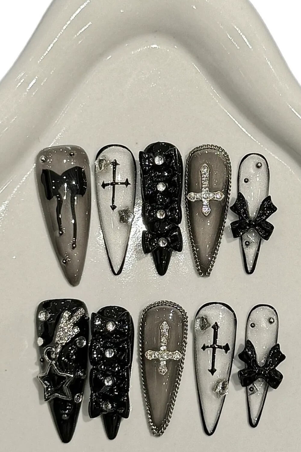 Black Bow Gothic Stiletto Press On Fake Nails