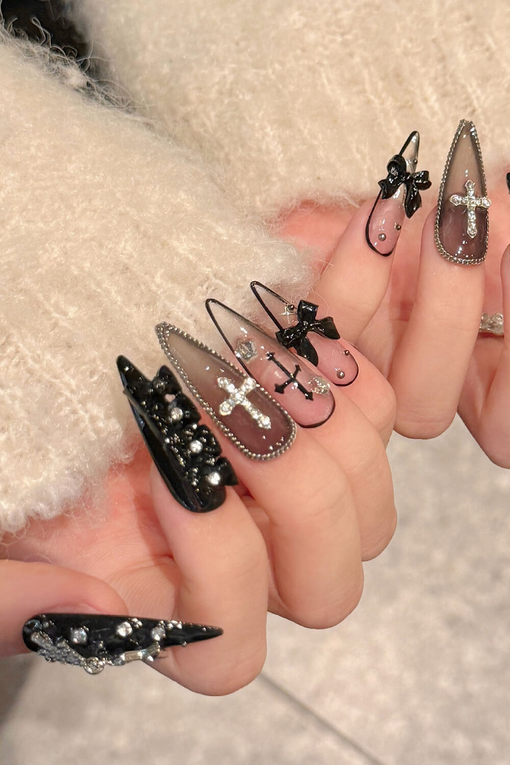 Black Bow Gothic Stiletto Press On Fake Nails