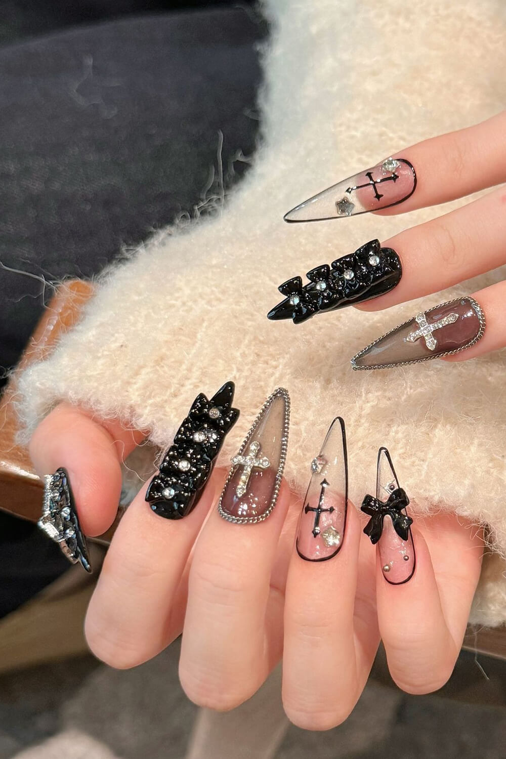Black Bow Gothic Stiletto Press On Fake Nails