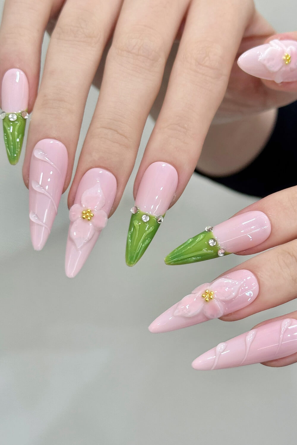 Pink And Green Floral Long Almond Press On Fake Nails