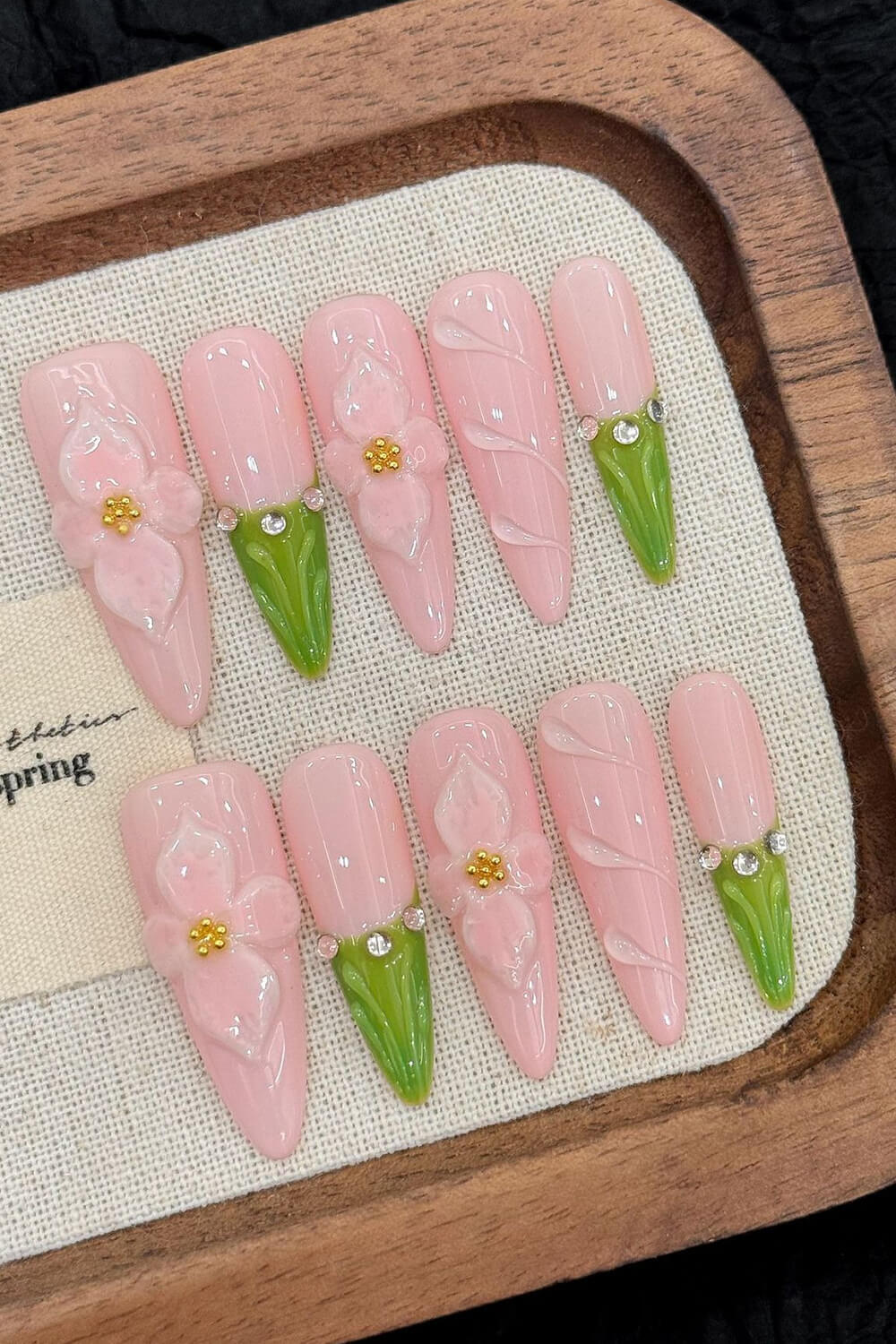 Pink And Green Floral Long Almond Press On Fake Nails