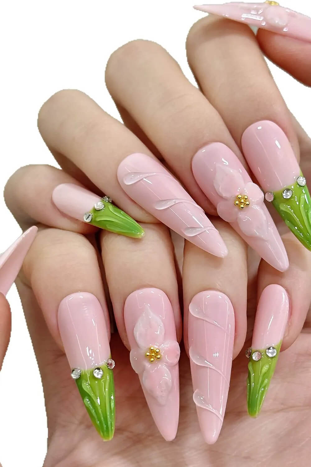 Pink And Green Floral Long Almond Press On Fake Nails