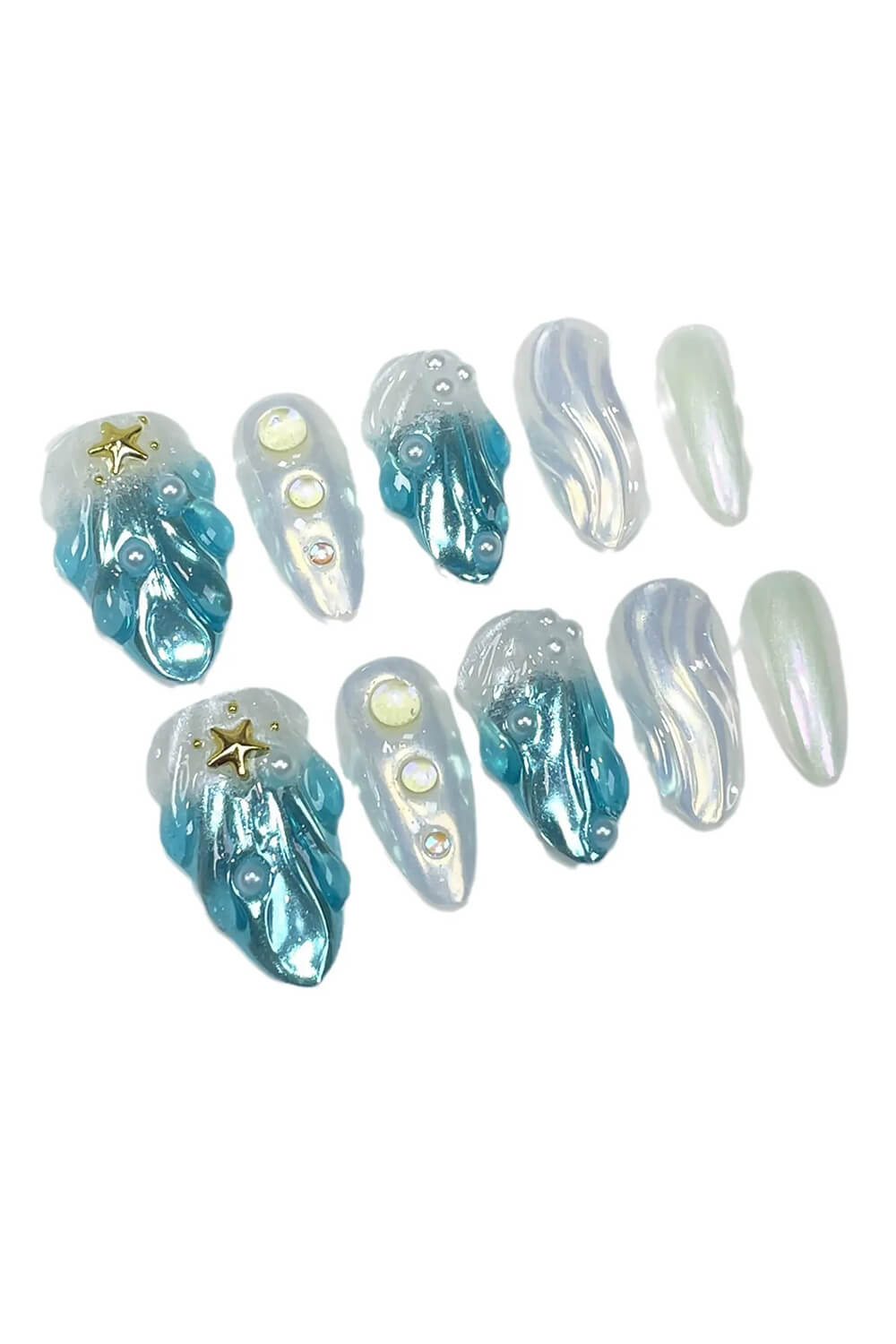Blue Ocean Chrome Medium Almond Press On Fake Nails