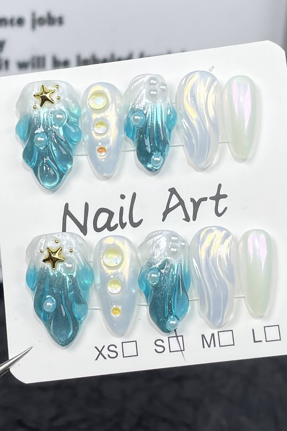 Blue Ocean Chrome Medium Almond Press On Fake Nails