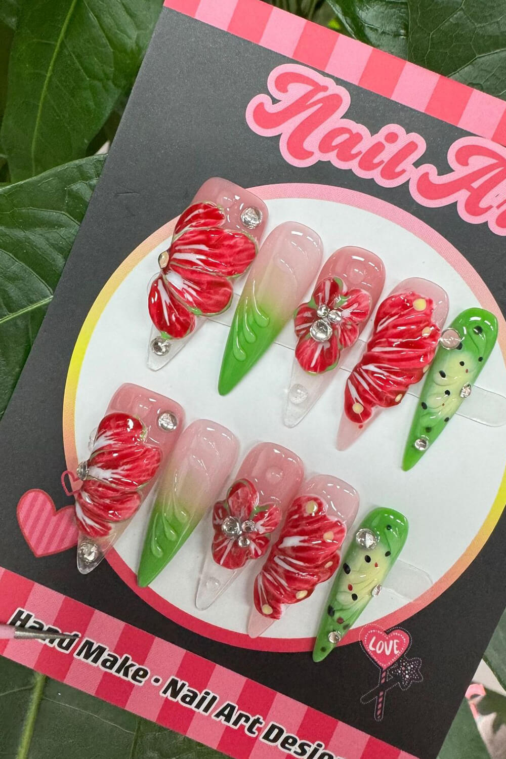 3D Tropical Flower Stiletto Press On Fake Nails