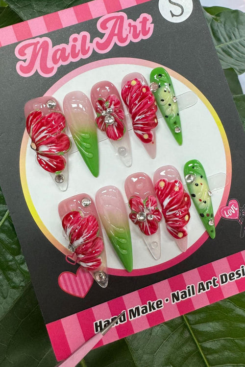 3D Tropical Flower Stiletto Press On Fake Nails