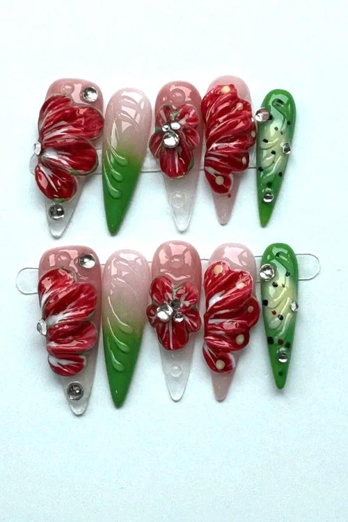 3D Tropical Flower Stiletto Press On Fake Nails