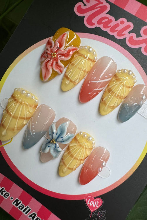 3D Flower Medium Almond Press On Fake Nails