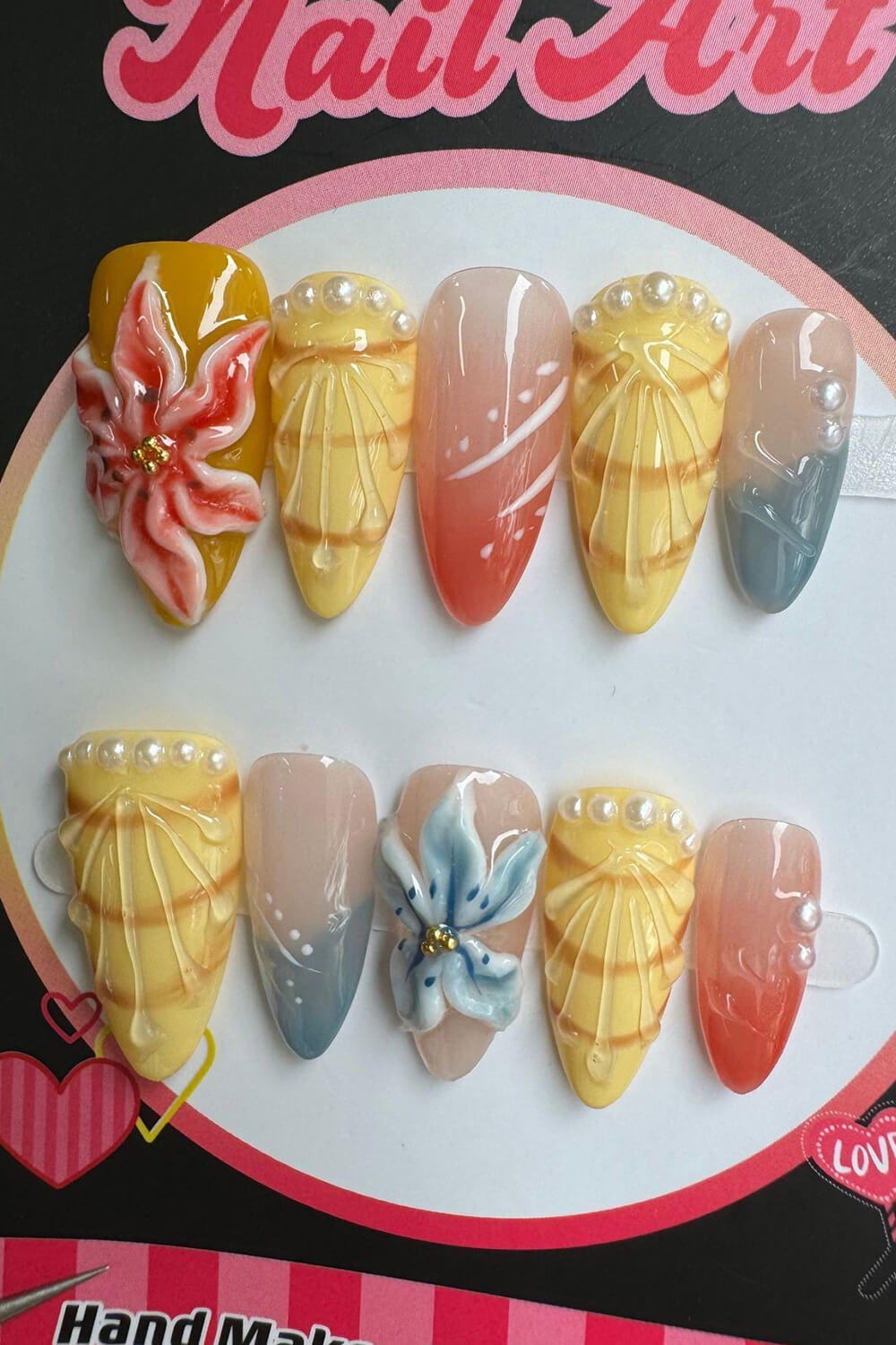 3D Flower Medium Almond Press On Fake Nails