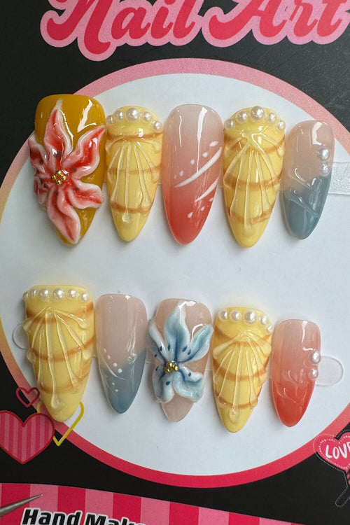 3D Flower Medium Almond Press On Fake Nails