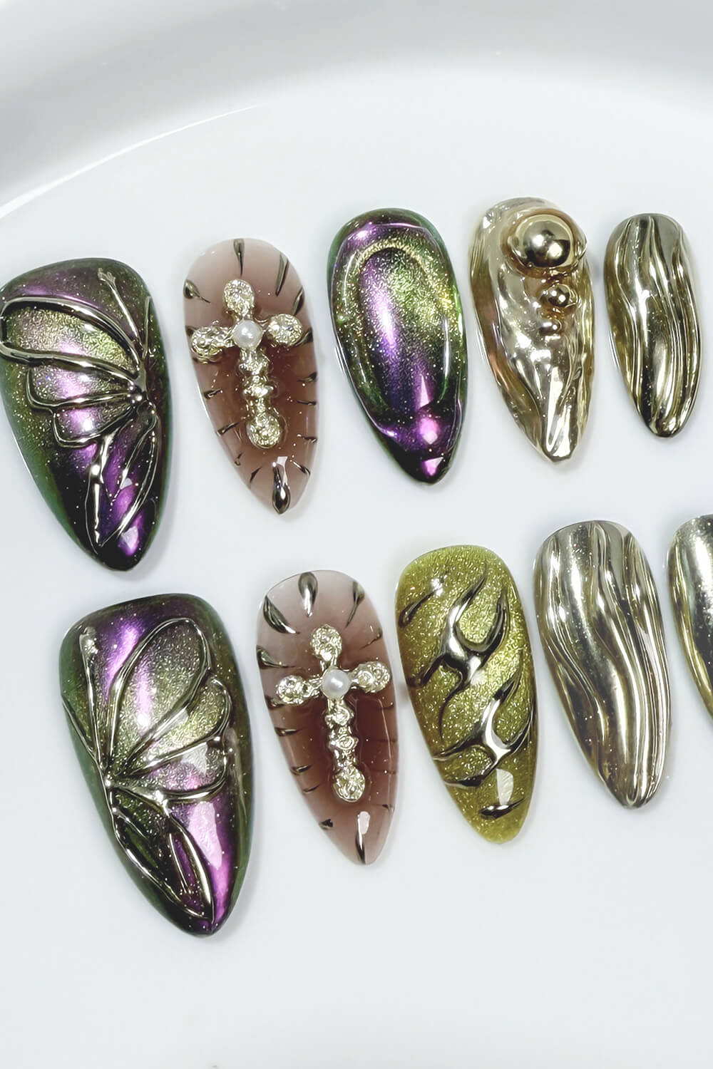 Metallic Butterfly Chrome Medium Almond Press On Manicure Nails