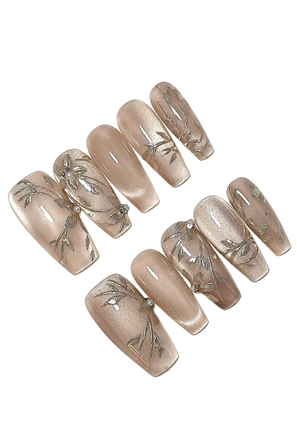 Cat Eye Floral Long Coffin Press On Manicure Nails