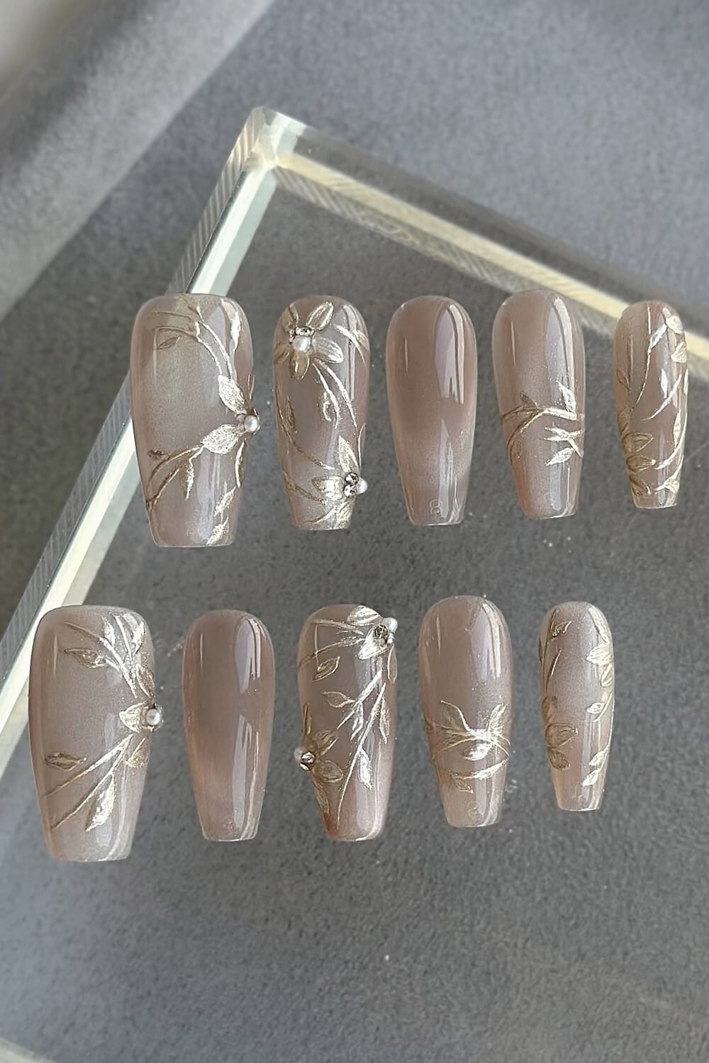 Cat Eye Floral Long Coffin Press On Manicure Nails