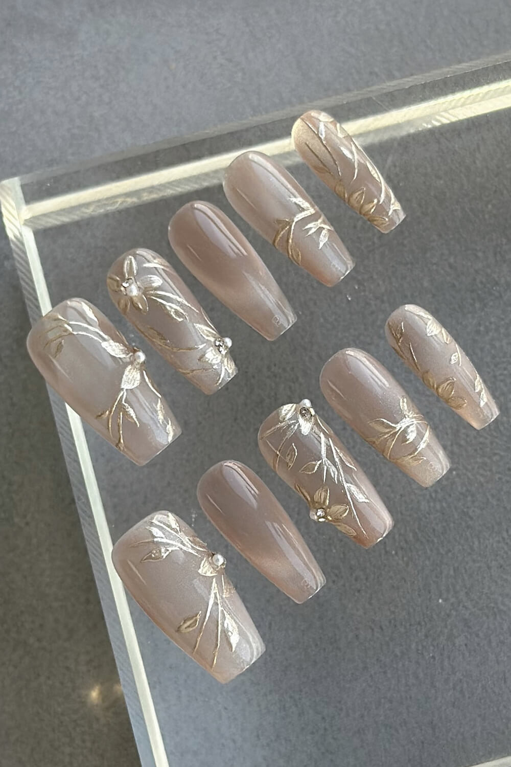 Cat Eye Floral Long Coffin Press On Manicure Nails