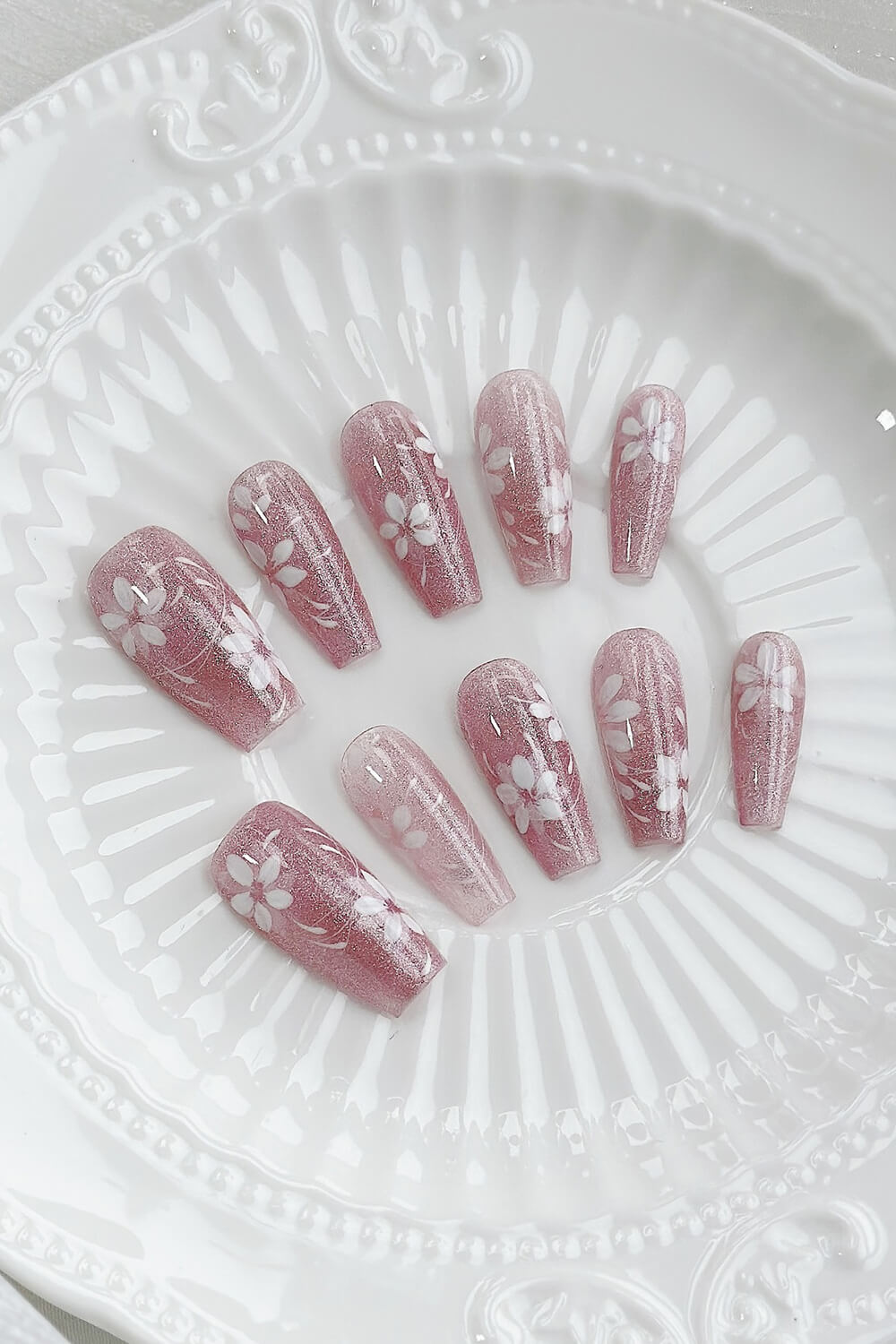 Blush Blossom Long Coffin Press On Manicure Nails