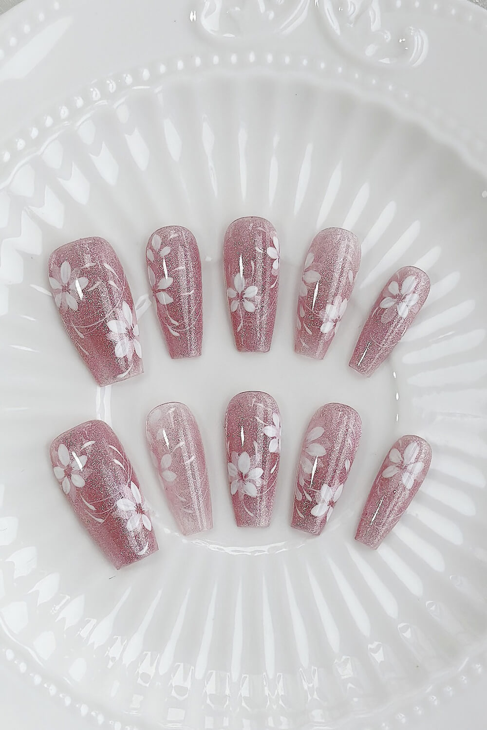 Blush Blossom Long Coffin Press On Manicure Nails